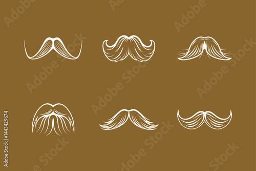 Six stylish white mustache variations graphic collection on brown background