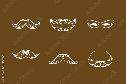Collection of white outlined moustache vector silhouettes on a brown background
