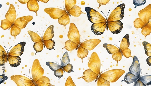 watercolor seamless pattern yellow butterflies and golden glitter, hand painted butterfly i