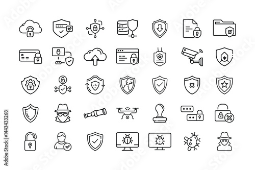 Security system outline icons set data protection and cybersecurity elements