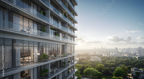 Luxury Condominium Tower Overlooking Urban Skyline And Green Trees