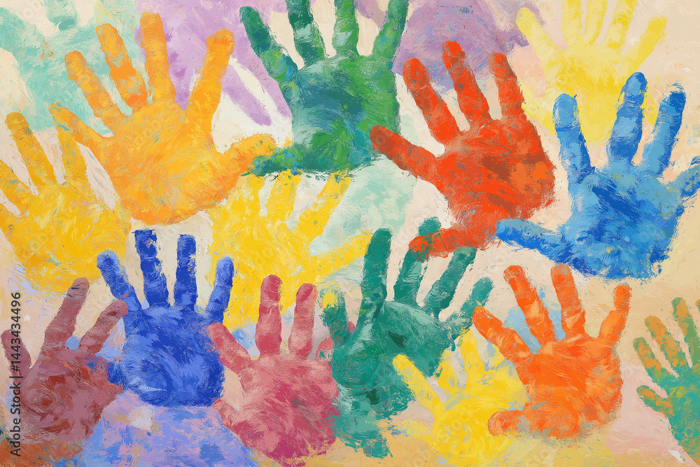 Fototapeta premium Colorful Handprints Creating a Vibrant Community Art Background 