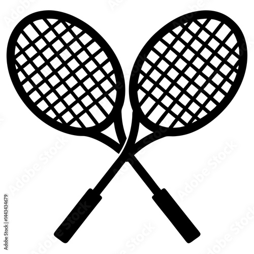 Minimalist silhouette of two crossed tennis rackets isolated on a white background