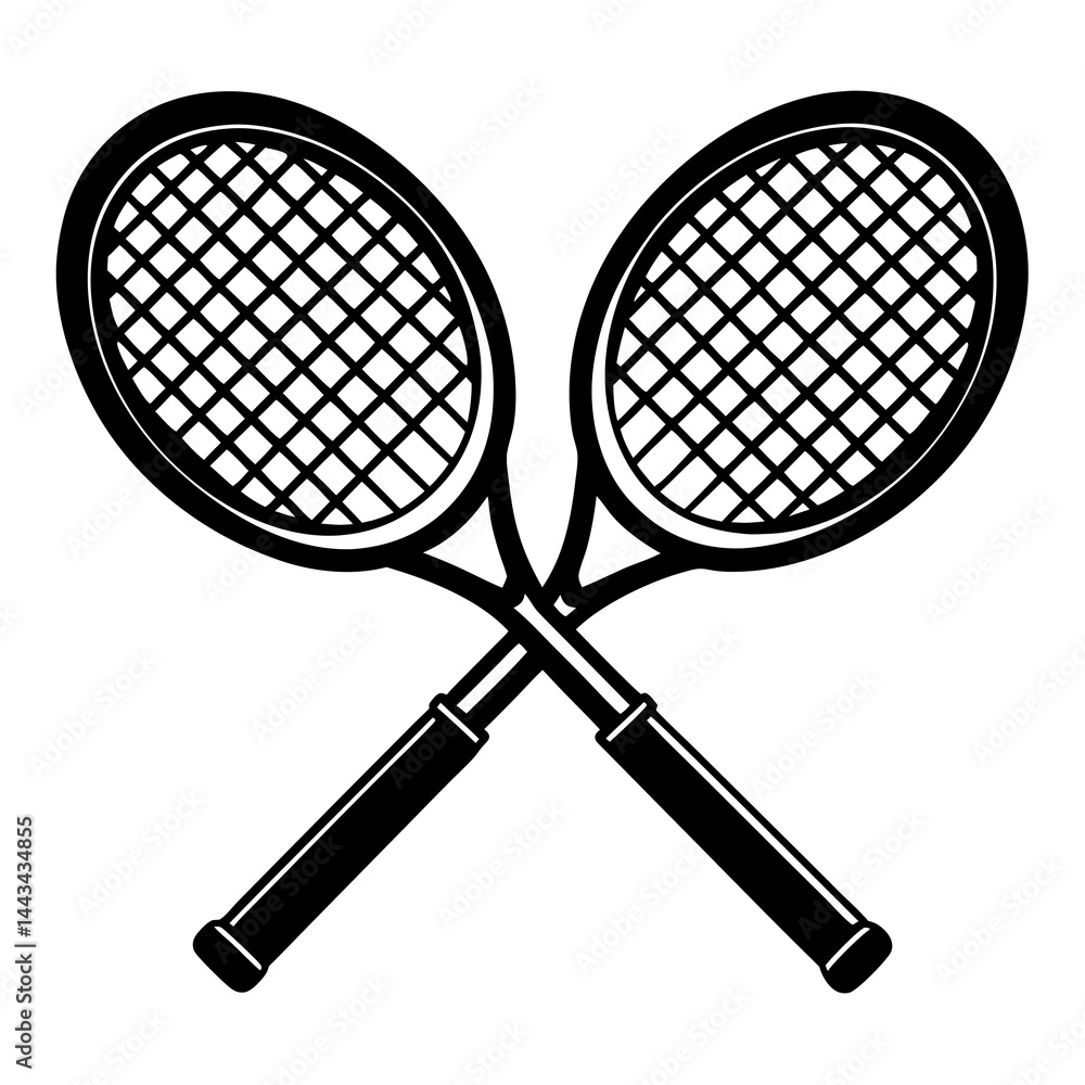 Minimalist silhouette of two crossed tennis rackets isolated on a white background Minimalist silhouette of two crossed tennis rackets isolated on a white background