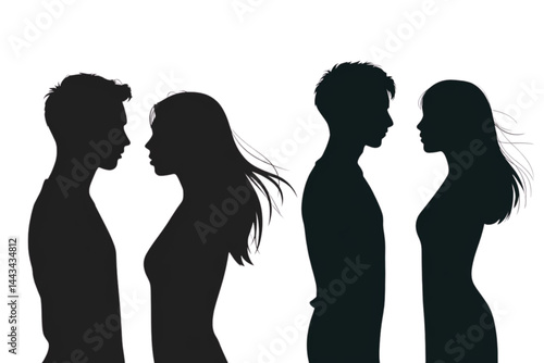 Silhouette of two couples facing each other in a monochrome setting