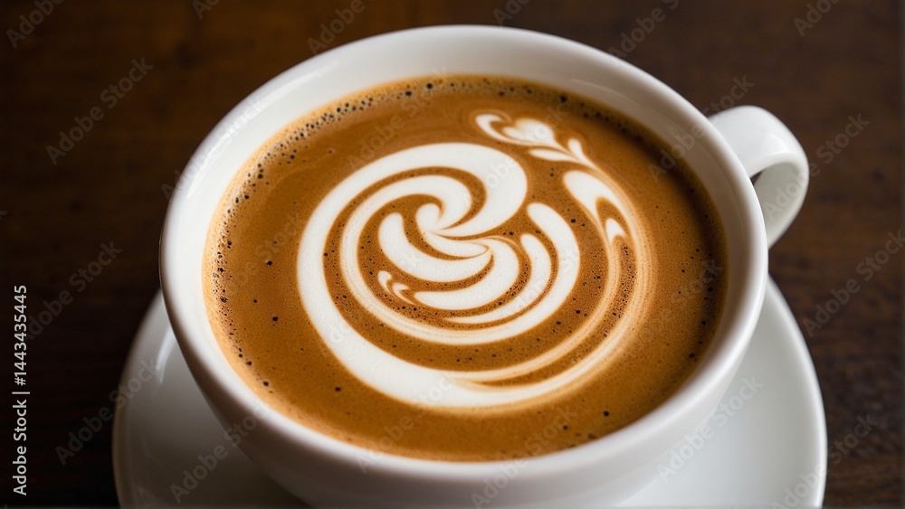 Warm coffee cup with latte art forming a beautiful swirl, set on a dark wooden table background, a comforting morning beverage. Warm coffee cup with latte art forming a beautiful swirl, set on a dark wooden table background, a comforting morning beverage.