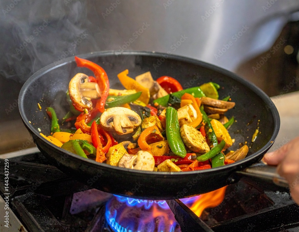 Wall Mural Vegan Seitan and mushrooms, tofu, broccoli, bean sprouts stir-fry in motion with