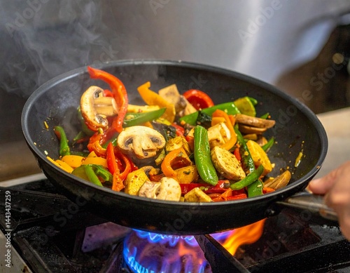 Tapet Vegan Seitan and mushrooms, tofu, broccoli, bean sprouts stir-fry in motion with