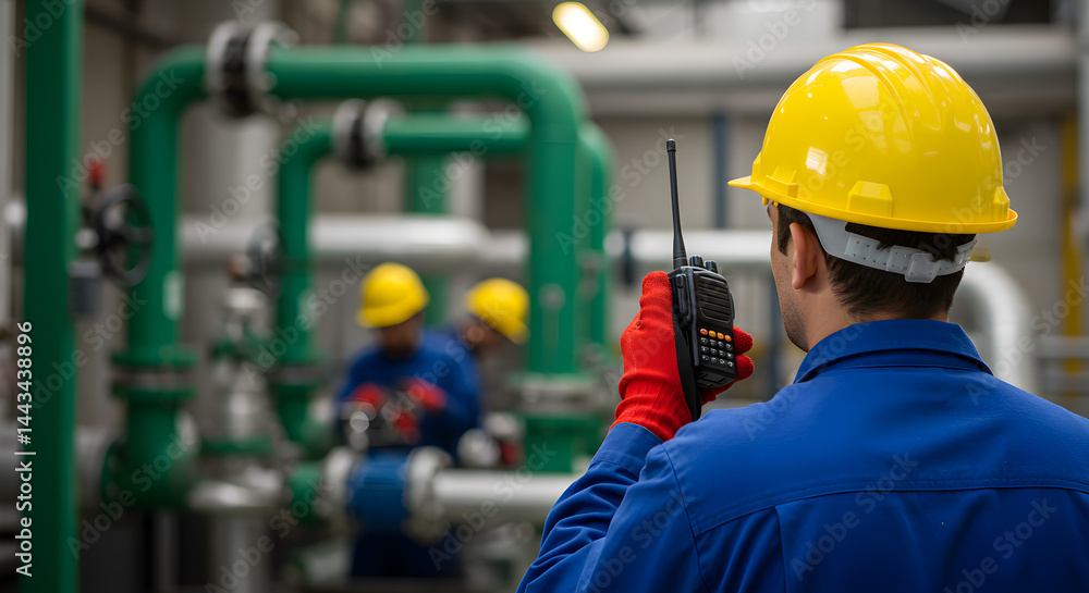Engineer in Blue Uniform and Yellow Helmet Holding Radio at Industrial Site with Green Pipes and Machinery Indoors Engineer in Blue Uniform and Yellow Helmet Holding Radio at Industrial Site with Green Pipes and Machinery Indoors