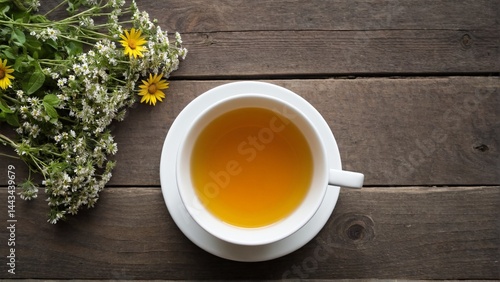 Serene Moment: A Cup of Herbal Infusion with Wildflowers on a Rustic Wooden Surface, Embracing Nature's Simplicity.
