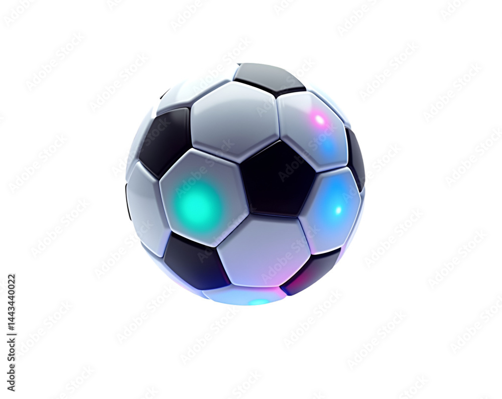 Fototapeta premium Futuristic Soccer Ball with Glowing LED Lights, A High-Tech Rendition of the Classic Game, Ideal for Modern Sports Designs and Technology-Driven Visuals