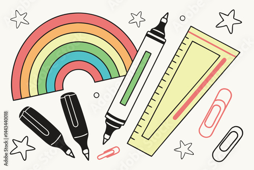 102 Colorful highlighter markers, vibrant neon colors, office supplies, stationery set, flat lay, graphic design elements, symmetrical arrangement, black and white markers, rainbow palette, school ess
