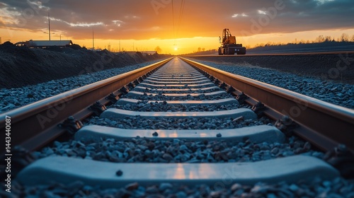 Sunset over new railway tracks.  Construction site in the background