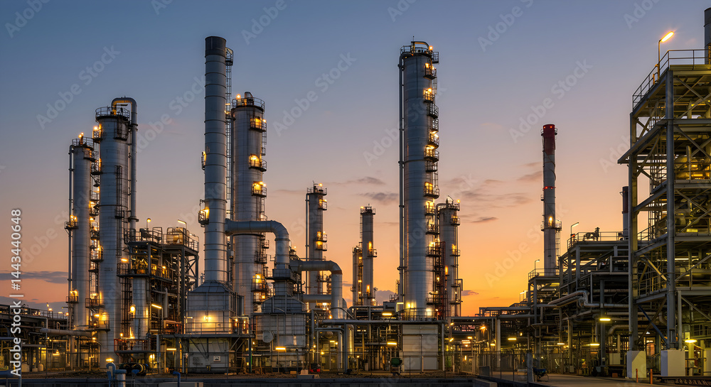Illuminated Petroleum Plant with Pipelines and Storage Tanks at Twilight with a Dark Orange Sunset Sky Illuminated Petroleum Plant with Pipelines and Storage Tanks at Twilight with a Dark Orange Sunset Sky