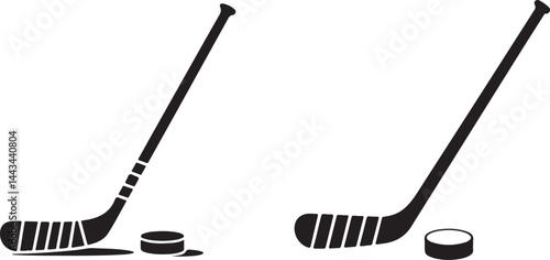 Hockey Sticks And Puck Black Silhouettes Isolated On White Background For Design Projects