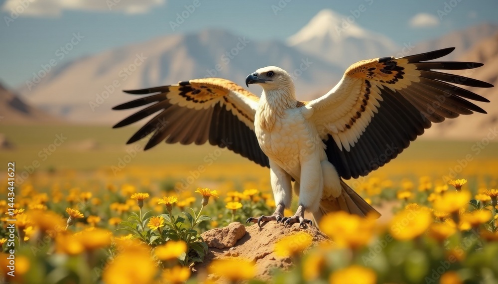 Fototapeta premium Majestic Egyptian vulture, wings outstretched, wildflowers bloom , animal photography, Egyptian vulture