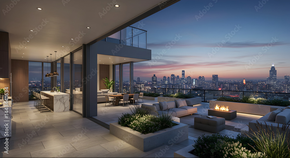 Elegant Penthouse Balcony Overlooking Twilight Cityscape With Modern Fireplace Elegant Penthouse Balcony Overlooking Twilight Cityscape With Modern Fireplace