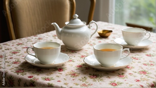 Elegant Tea Service: A Delicate White Teapot and Cups on a Floral Tablecloth, Perfect for a Tranquil Afternoon.