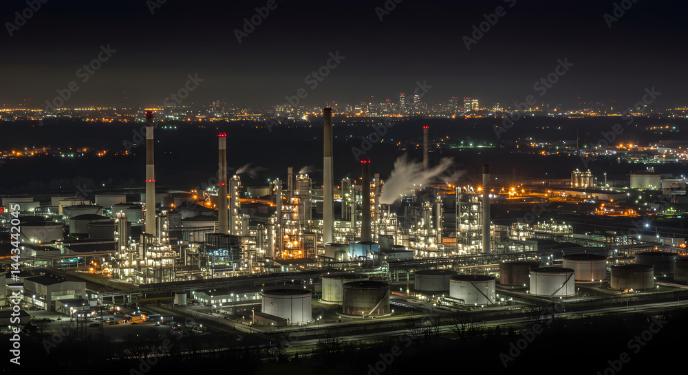 Fototapeta premium Industrial Oil Refinery Complex at Night with Illuminated Storage Tanks and Chimneys