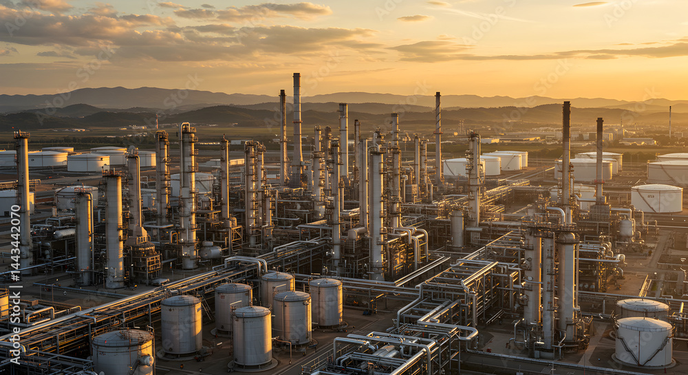 Fototapeta premium Industrial Oil Refinery Complex at Golden Sunset with Tanks and Pipelines for Petroleum Production