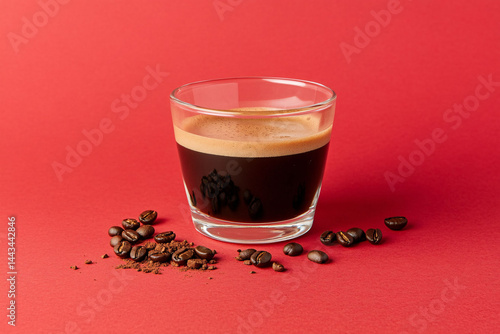 A shot of espresso in a clear glass with coffee beans on a red background studio shot