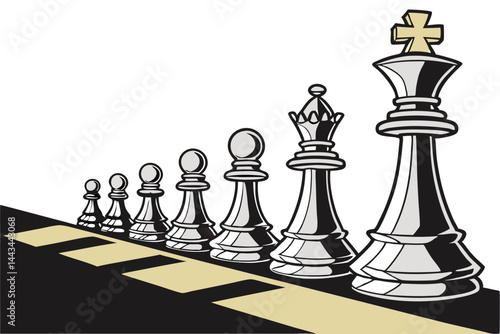 103 Chess pieces, king on top, pyramid formation, gold and silver, black and white, metallic sheen, symbolic hierarchy, strategic arrangement, contrast, power dynamic, game strategy, leadership concep