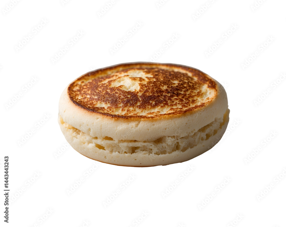 Golden Perfection, A Close-Up of a Single Toasted English Muffin Showcasing its Texture and Warm Color on a Smooth Isolated Background, Appetizing Delicacy Golden Perfection, A Close-Up of a Single Toasted English Muffin Showcasing its Texture and Warm Color on a Smooth Isolated Background, Appetizing Delicacy