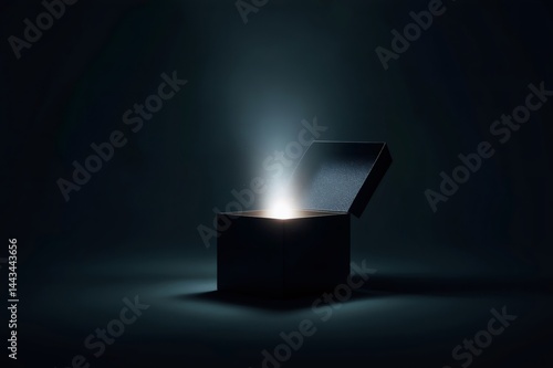 Mysterious black gift box is opening with a glowing light inside, creating a magical atmosphere