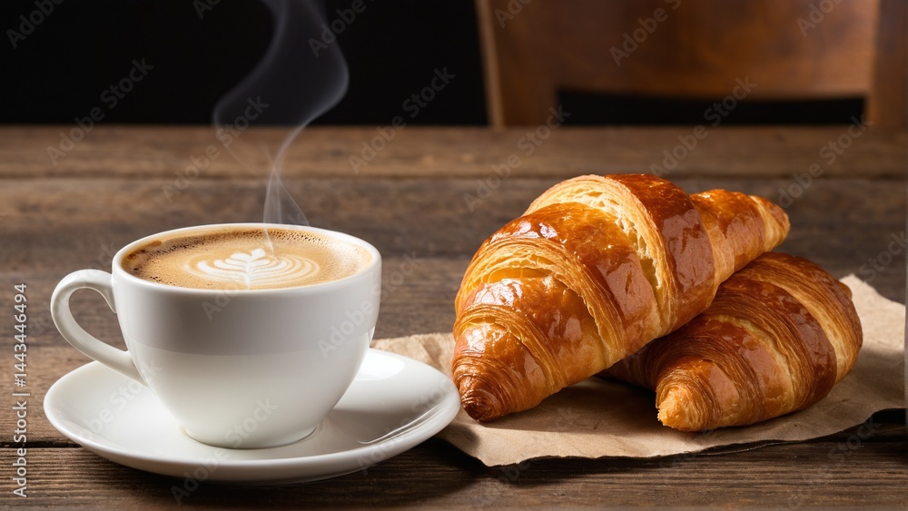 Warm Mornings: Aromatic Coffee with Delicate Latte Art Accompanied by Freshly Baked, Golden-Brown Croissants on a Rustic Wooden Surface Warm Mornings: Aromatic Coffee with Delicate Latte Art Accompanied by Freshly Baked, Golden-Brown Croissants on a Rustic Wooden Surface