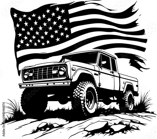 Off-Road Pickup Truck with American Flag