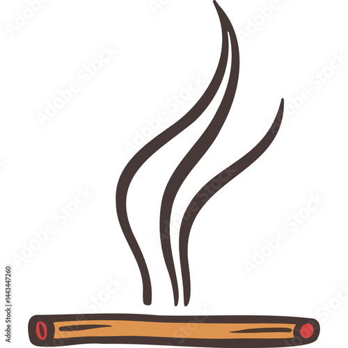 Burning incense stick in vector style with smoke on white background
