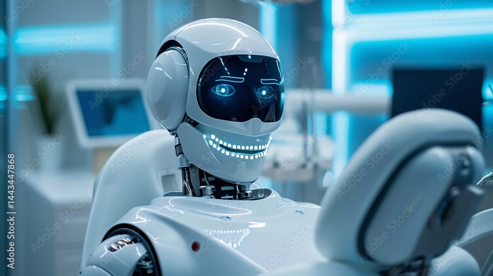 Futuristic AI powered robotic dentist performing a dental procedure Futuristic AI powered robotic dentist performing a dental procedure