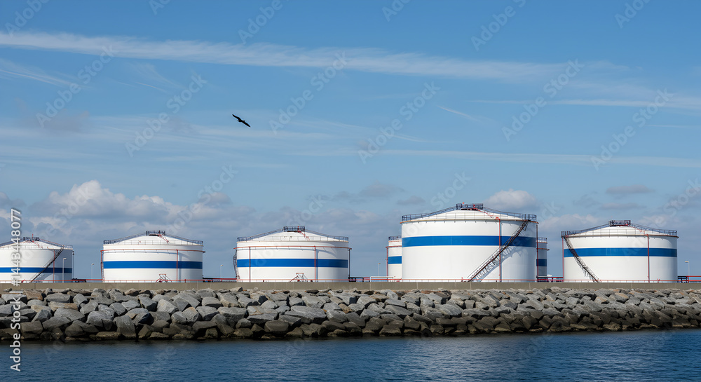 Fototapeta premium Row of White and Blue Industrial Storage Tanks at a Coastal Oil Refinery Plant Under a Clear Sky Seascape