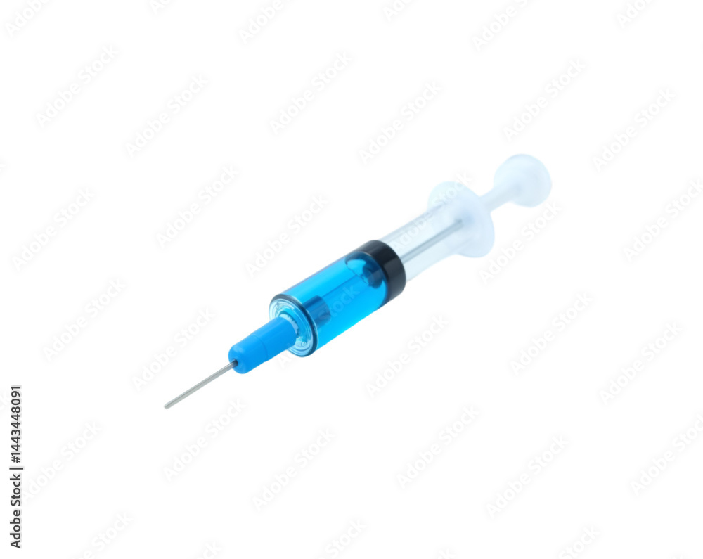 High contrast image showcasing a modern syringe filled with vibrant blue liquid, set against a minimalist field, emphasizing precision and medical technology High contrast image showcasing a modern syringe filled with vibrant blue liquid, set against a minimalist field, emphasizing precision and medical technology