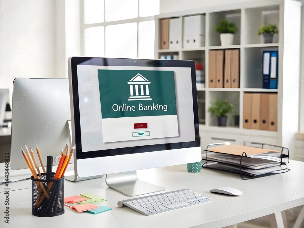 Naklejka premium Online banking interface displayed on a desktop computer screen in a modern office setting. 