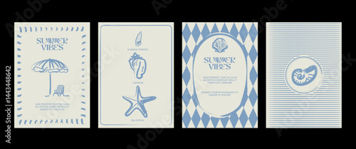 Abstract summer posters in art sketch doodle style with hand drawn elements: beach chair with umbrella, seashells and typography design. Trendy summer design for branding, ads, print, decor