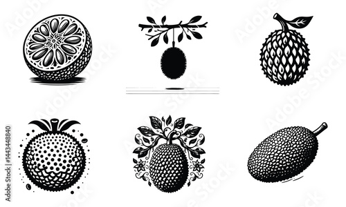 Jackfruit Vector Icons Collection – Bold Black and White Tropical Fruit Designs