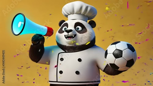 Cheerful Panda Chef with Soccer Ball and Megaphone