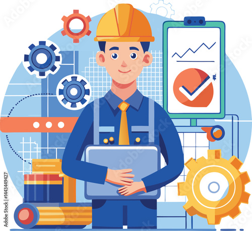 Mechanical Engineer with Tools and Gears—Flat Style Illustration