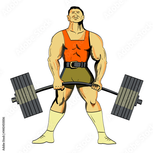 Retro style illustration of a powerlifter performing deadlift with barbell viewed from front on isolated background done in tattoo style.
