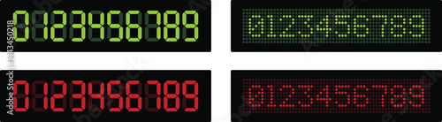 Digital electronic figures icon set. Seven segment digital numbers. Digital clock number set. LED green, red color digits display icon. Vector illustration graphic design.