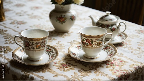Elegant Tea Service: A Refined Still Life of Floral Patterned Cups, Saucers, Teapot and Flowers Displayed on a Floral Tablecloth
