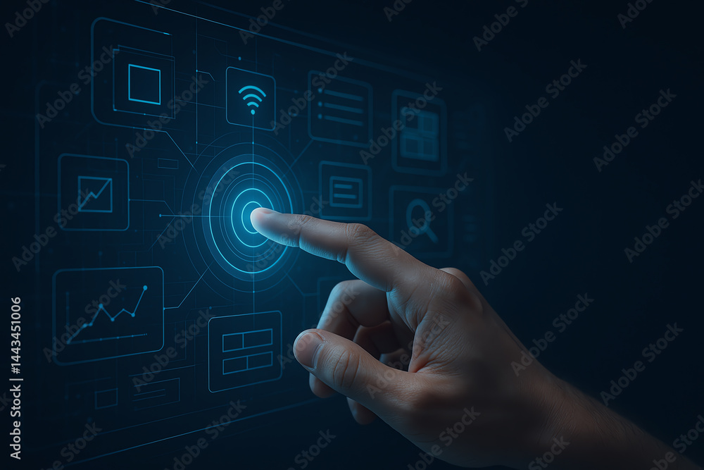 A close-up of a hand interacting with a futuristic digital interface, showcasing data analytics, connectivity, and user engagement in a sleek, high-tech environment.