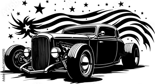  Classic Hot Rod with Waving American Flag vector design