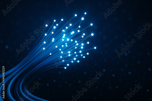 A vibrant visual representation of fiber optic cables emitting blue light in a dark background, symbolizing advanced technology and connectivity. Ideal for tech-related themes.