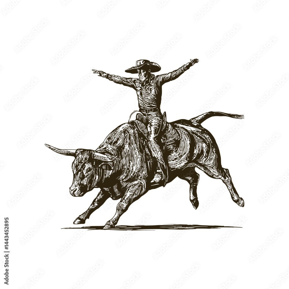 Fototapeta premium Vintage engraving woodcut bull rider retro vector illustration art design