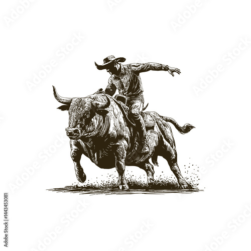 Vintage engraving woodcut bull rider retro vector illustration art design