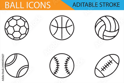 Editable Stroke Style Icons of Football, Baseball, Volleyball, and More