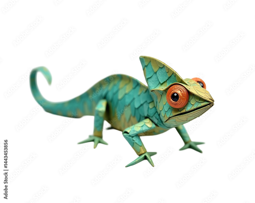 Fototapeta premium Intricate Origami Chameleon Sculpture, A Fusion of Art and Nature with Delicate Folds and Vivid Colors Displayed in Stunning Detail