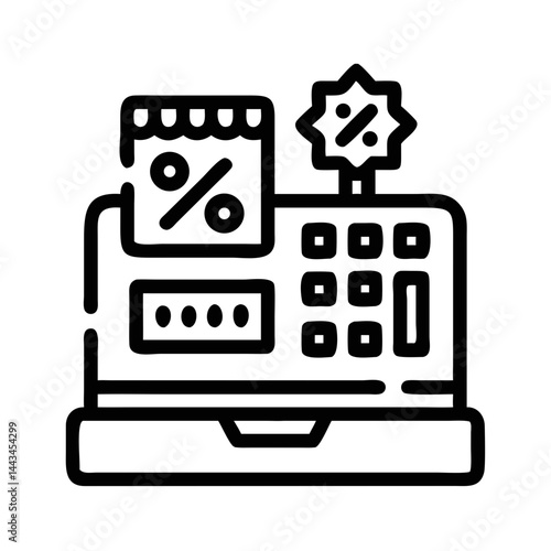 Cash Register with Discount Icon – Retail Sale Promotion Savings Line Symbol